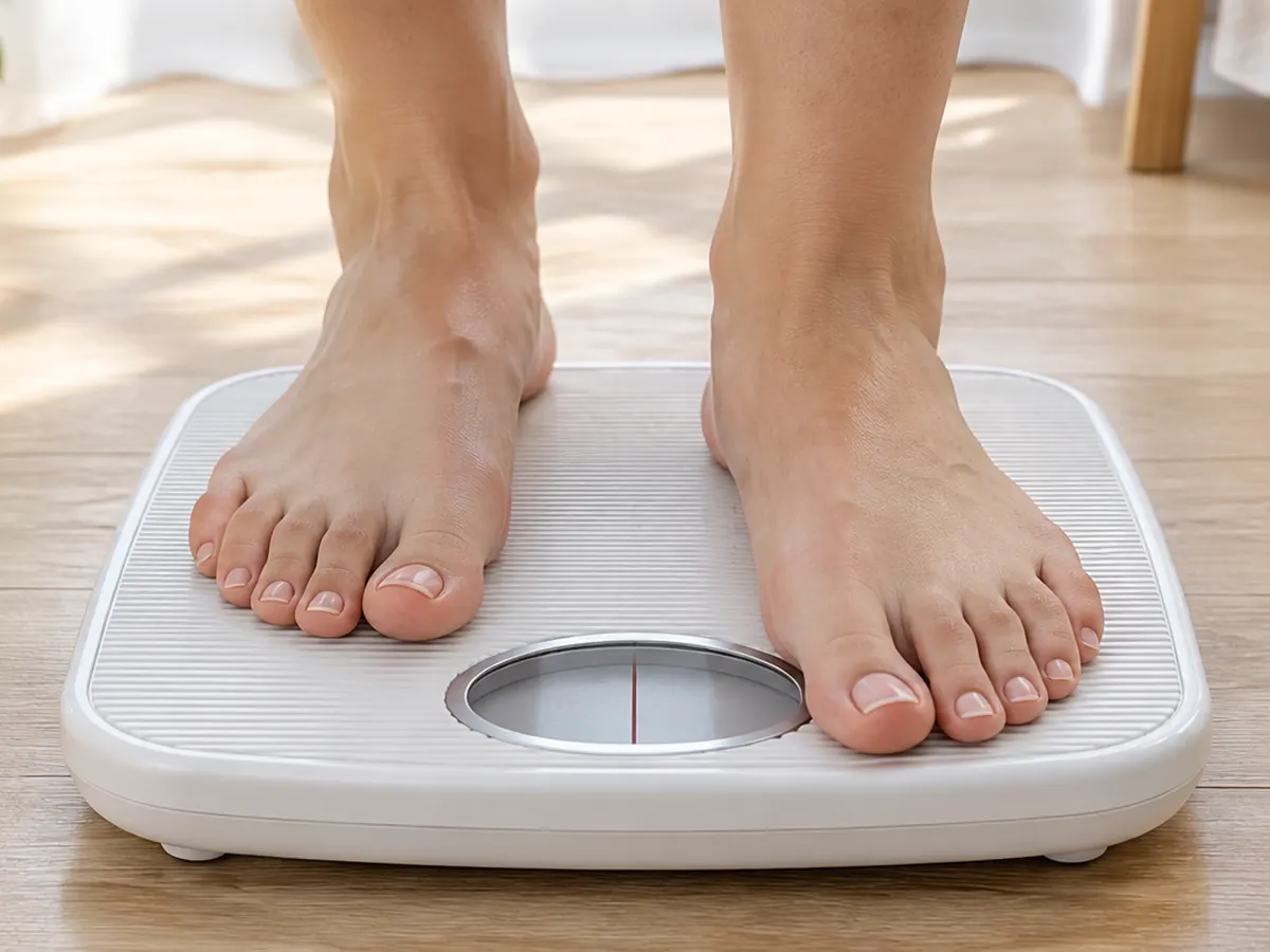 Person stepping onto a bathroom scale