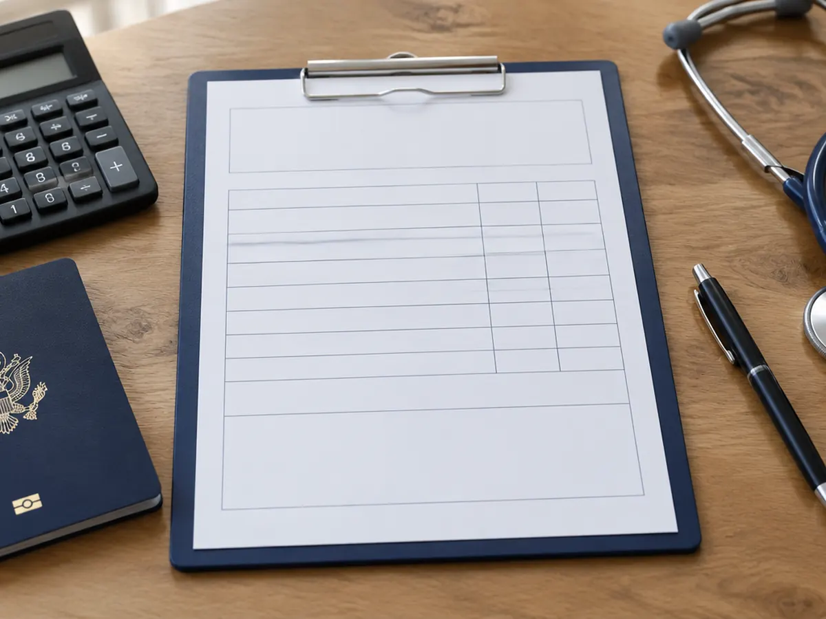 Calculator, passport and a medical quote sheet on a desk