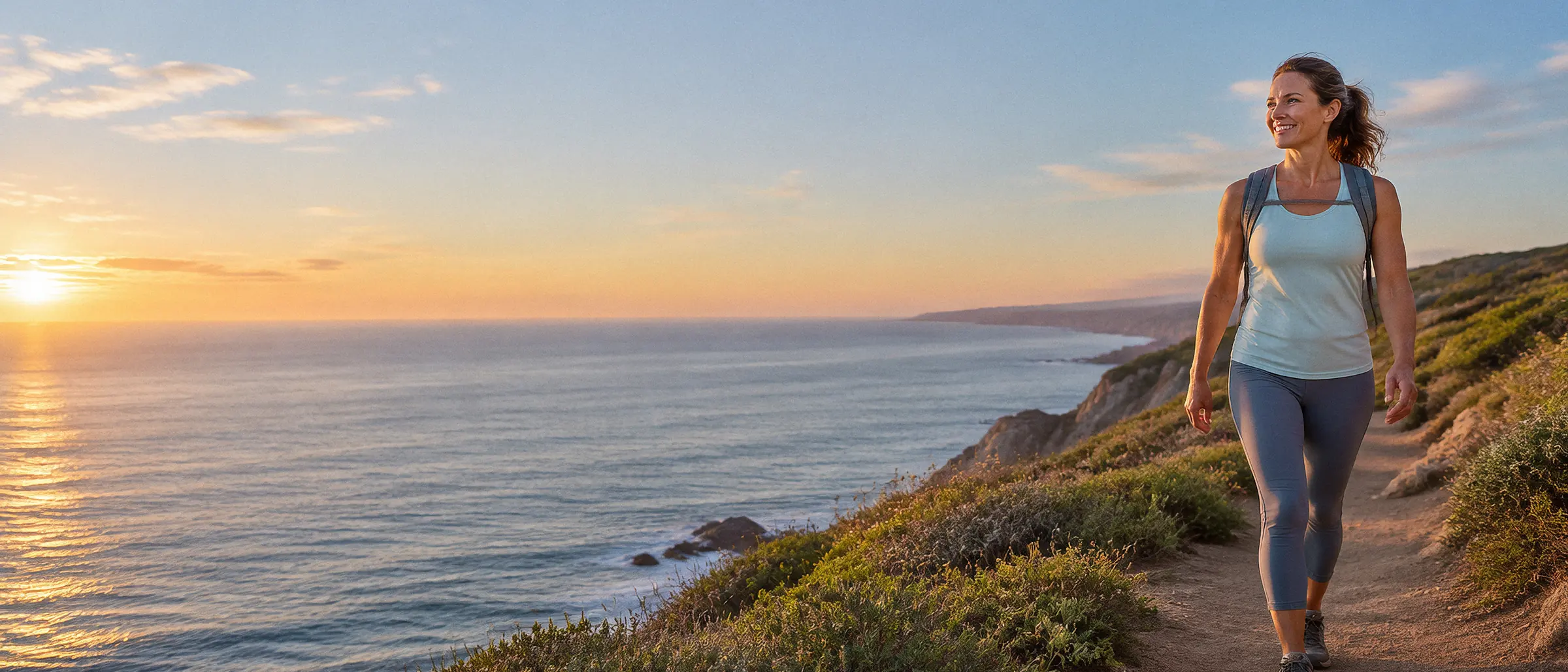 Woman walking along a coastal trail at sunset after losing weight