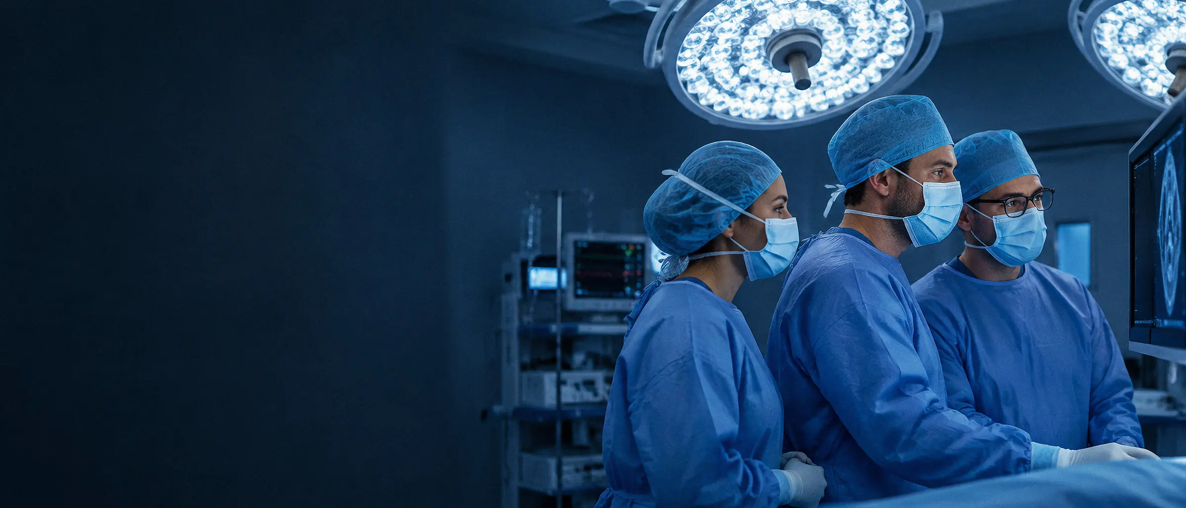 Surgical team performing a laparoscopic operation under surgical lights