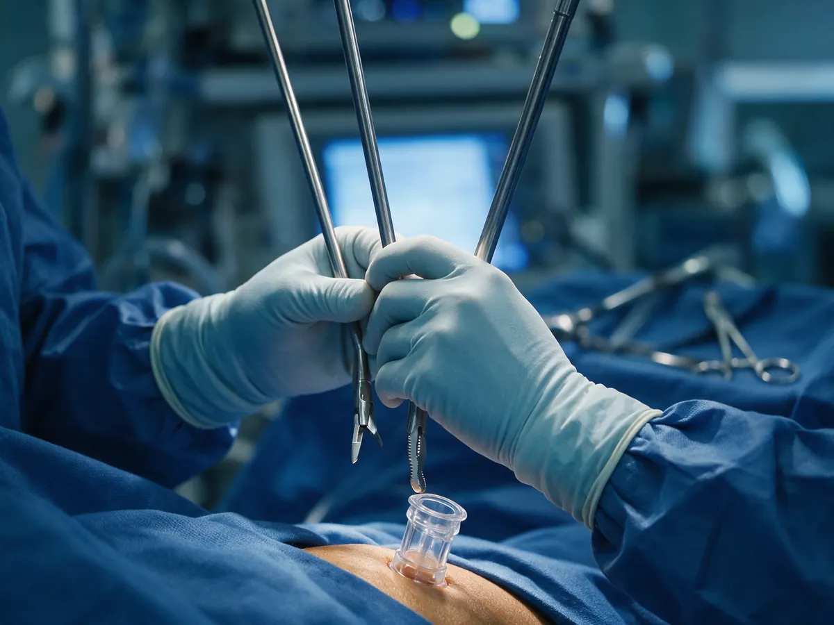 Surgeon’s hands holding laparoscopic instruments