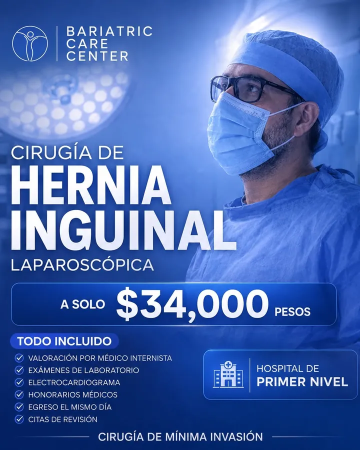 Laparoscopic inguinal hernia surgery, $34,000 MXN